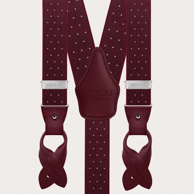 Burgundy polka-dot suspenders with dual-use buttons and nickel-free clips
