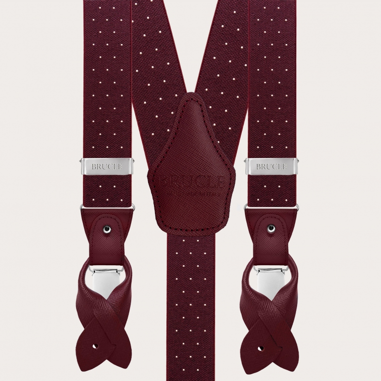 Burgundy polka-dot suspenders with dual-use buttons and nickel-free clips