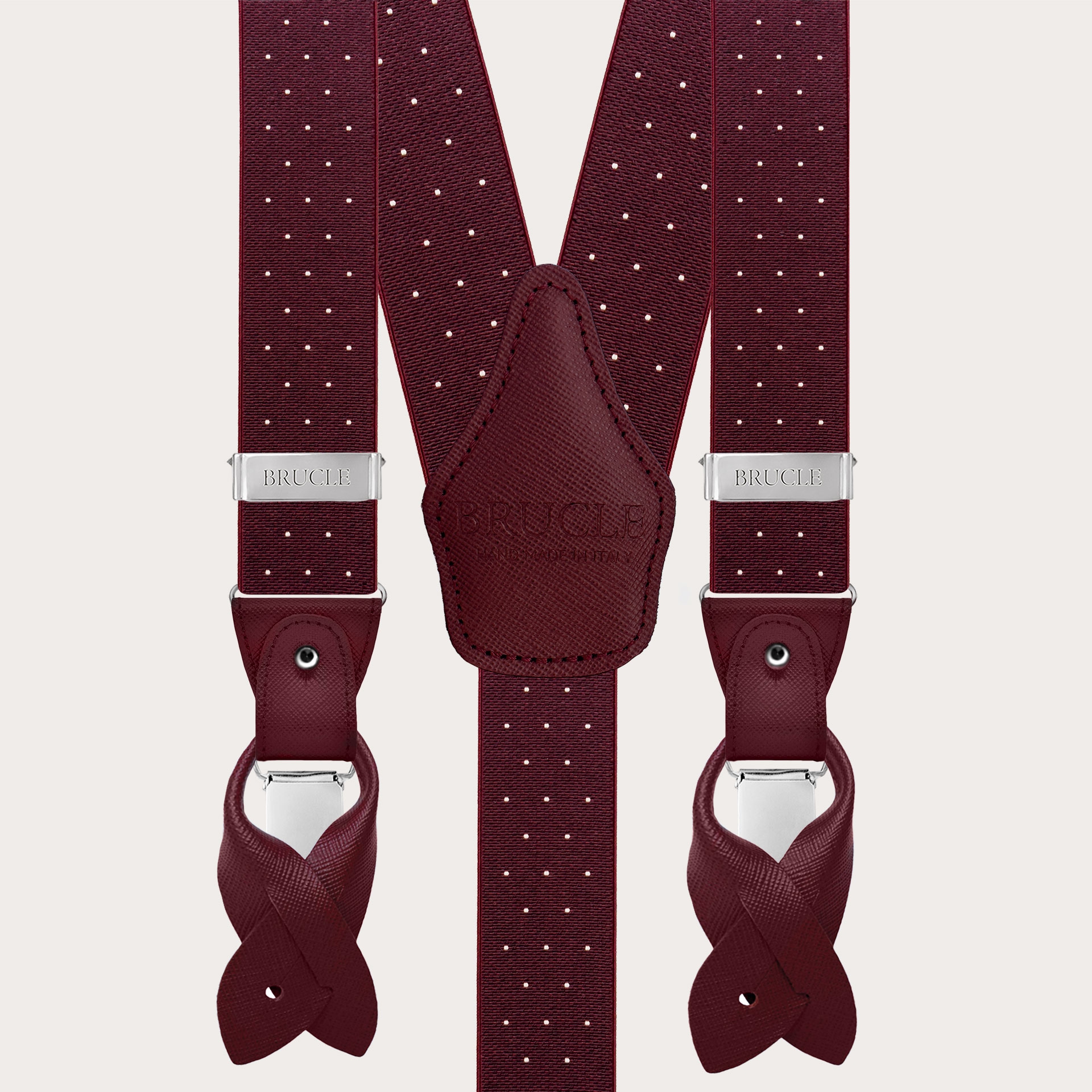 Bretelle bordeaux a pois doppio uso bottoni e clip nichel free