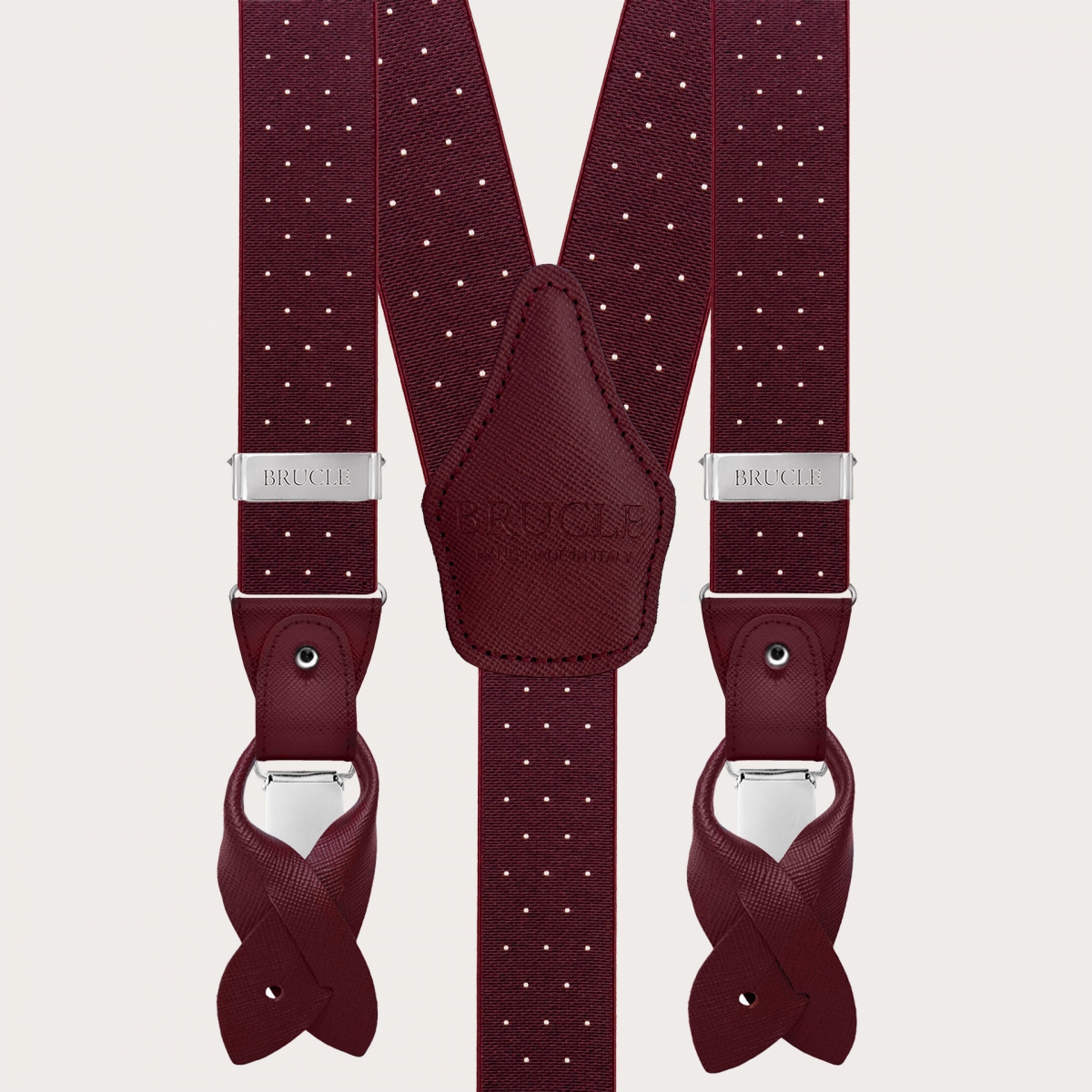 Burgundy polka-dot suspenders with dual-use buttons and nickel-free clips