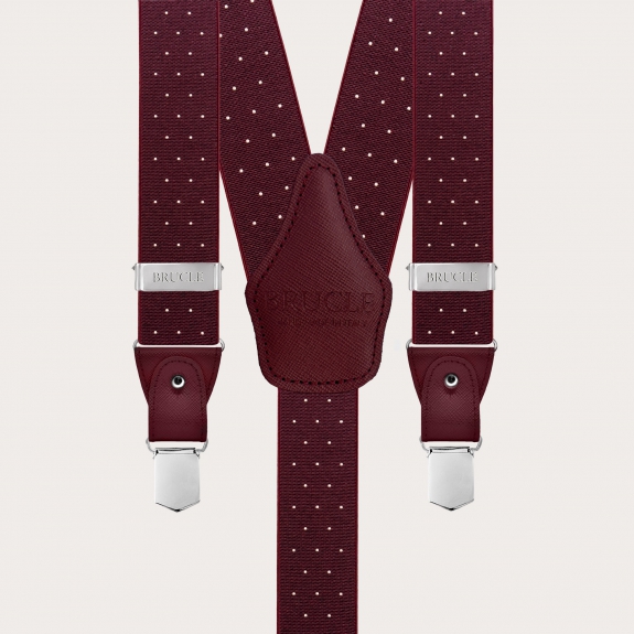 Burgundy polka-dot suspenders with dual-use buttons and nickel-free clips