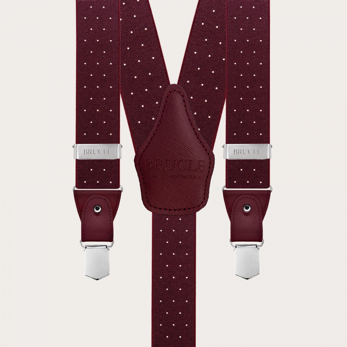 Burgundy polka-dot suspenders with dual-use buttons and nickel-free clips