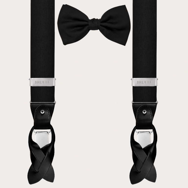 Coordinated suspenders and bow tie set in black jacquard silk