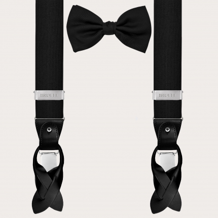 Coordinated suspenders and bow tie set in black jacquard silk
