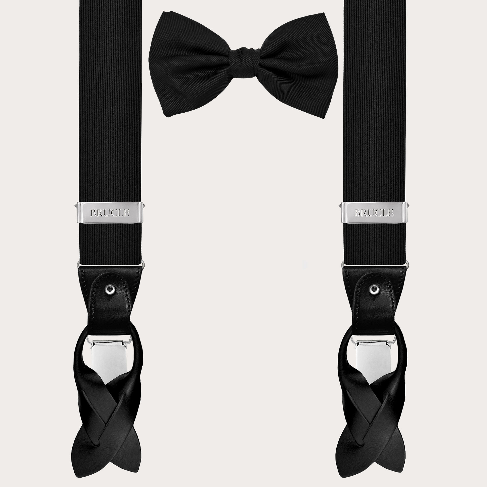 Coordinated suspenders and bow tie set in black jacquard silk