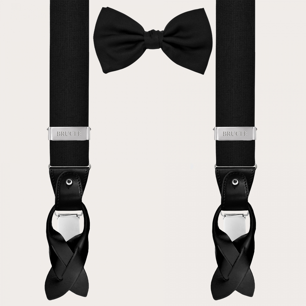 Coordinated suspenders and bow tie set in black jacquard silk