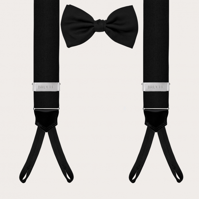 Black silk suspenders for buttons and coordinated pre-tied bow tie set