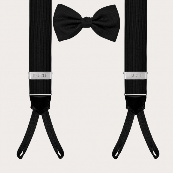 Black silk suspenders for buttons and coordinated pre-tied bow tie set
