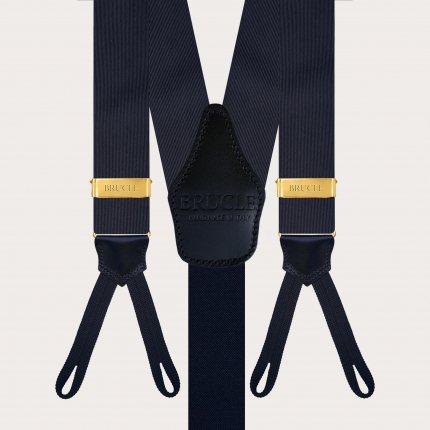 Navy blue silk suspenders for buttons with loops and gold adjusters