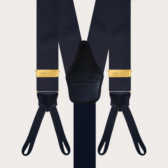 Tirantes de seda azul marino para botones con asas y reguladores dorados