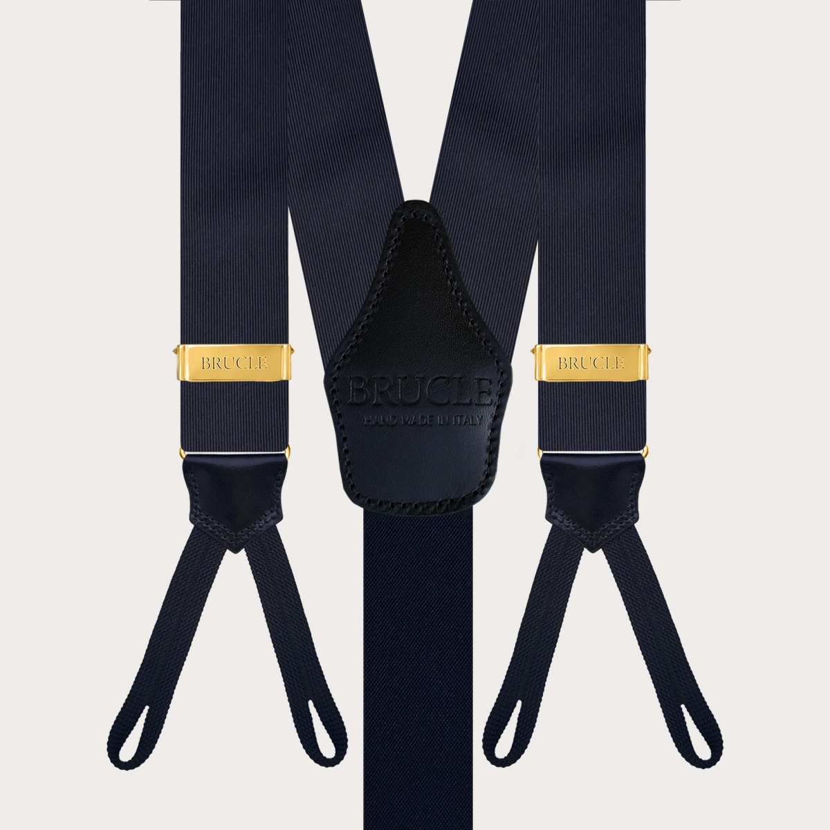 Tirantes de seda azul marino para botones con asas y reguladores dorados