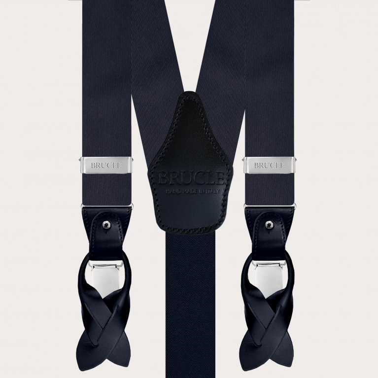 Formal Y-shape jacquard silk suspenders, navy blue, nickel free