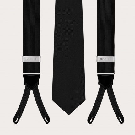 Conjunto coordinado de corbata y tirantes para botones en seda, color negro