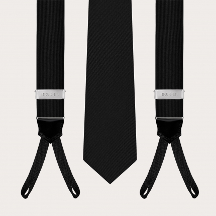 Coordinated silk tie and button suspenders set, black color