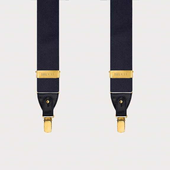 Marineblaue Seiden-Herrenhosenträger mit goldenen Clips