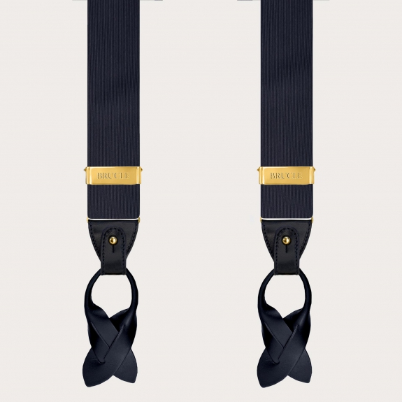 Navy blue silk men's suspenders with gold clips