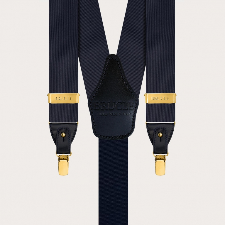 Navy blue silk men's suspenders with gold clips