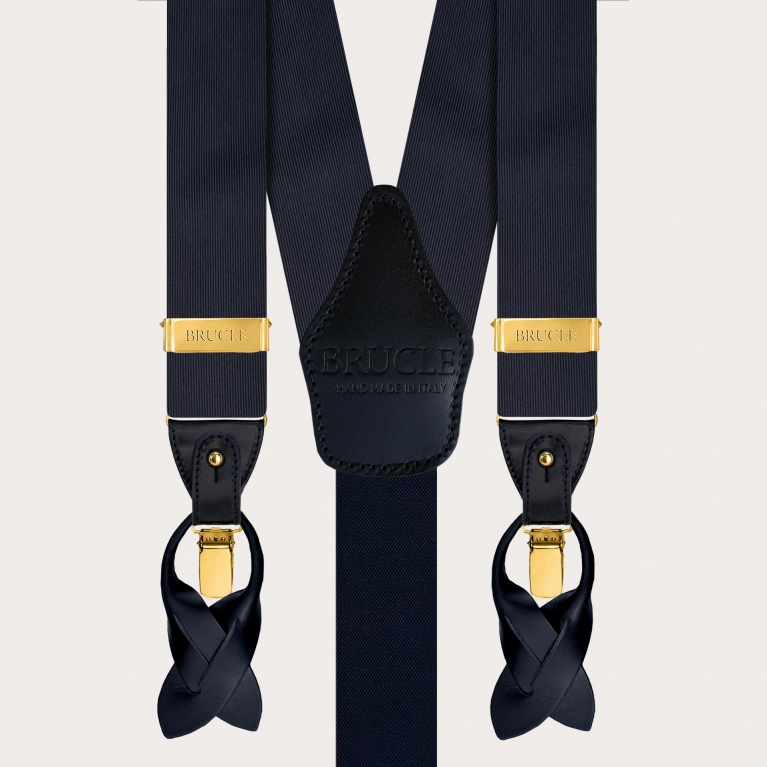 Bretelle uomo blu navy in seta con clip oro