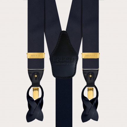 Tirantes con clips dorados y corbata coordinada de seda azul marino