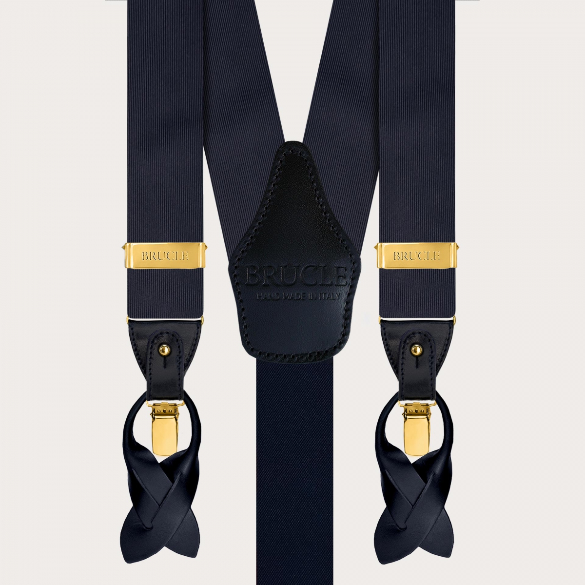 Bretelle con clip oro in seta blu navy