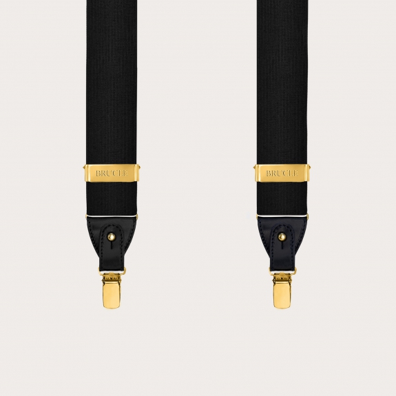 Black men's jacquard silk suspenders with gold clips