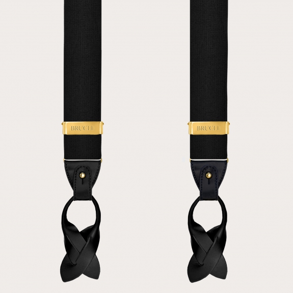 Bretelles pour homme en soie jacquard noire avec clips dorés