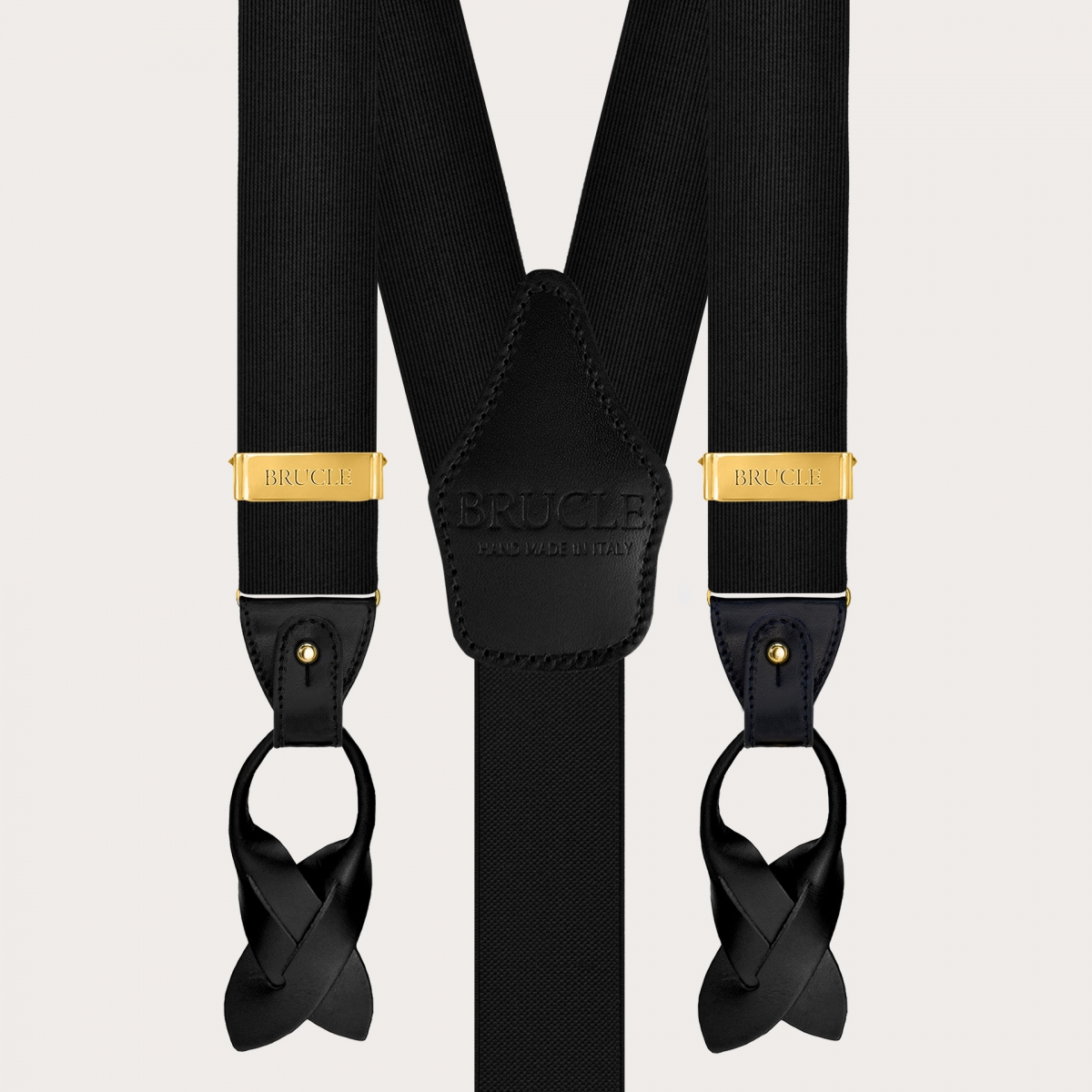 Bretelle uomo nere in seta jacquard con clip oro