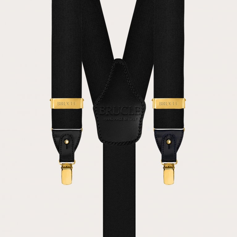 Black men's jacquard silk suspenders with gold clips