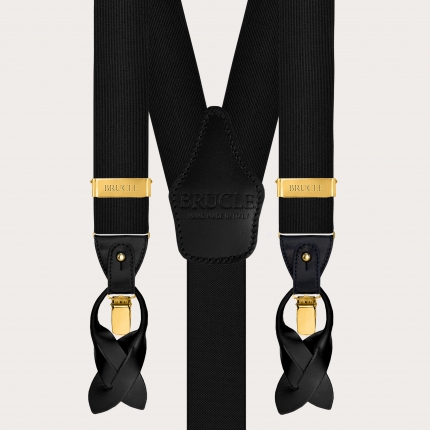 Black men's jacquard silk suspenders with gold clips