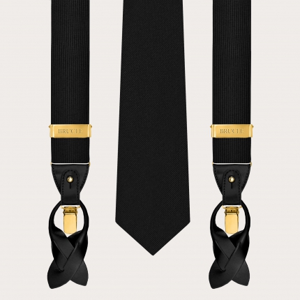 Set mit schwarzen Hosenträgern mit goldenen Clips und einer 8 cm Seidenkrawatte