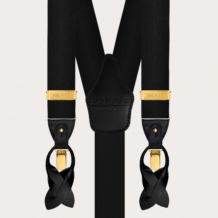 Set con bretelle nere con clip oro e cravatta 8 cm in seta