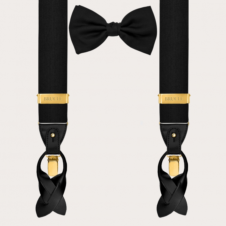 Ensemble coordonné composé de bretelles dorées et d'un nœud papillon noir en soie