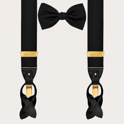 Coordinated set consisting of gold suspenders and black silk bow tie