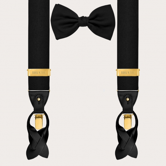 Coordinated set consisting of gold suspenders and black silk bow tie