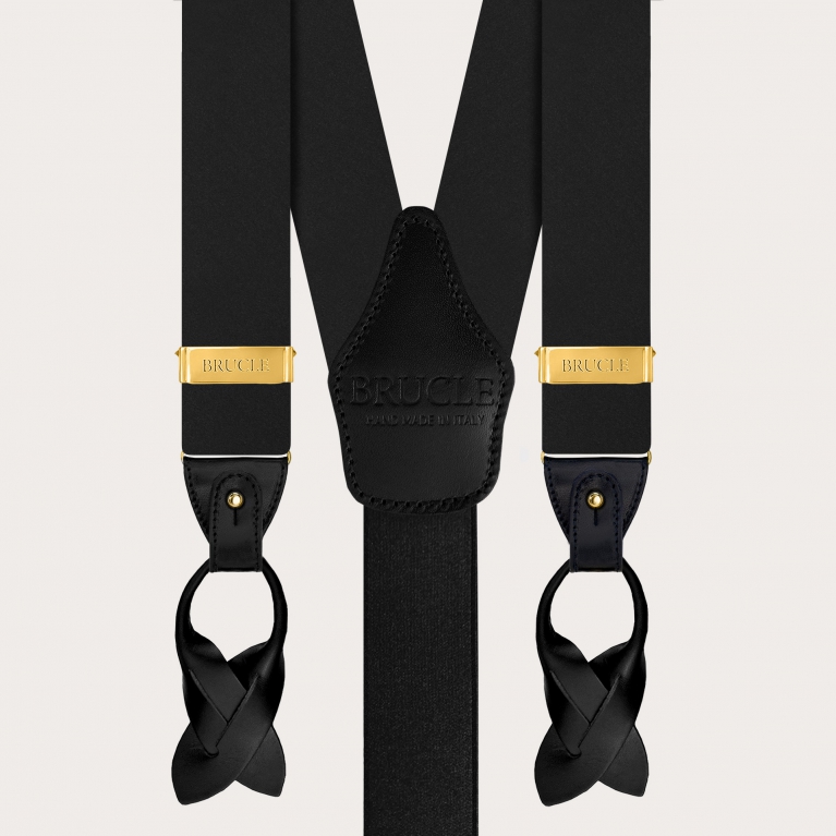 Black silk satin suspenders, dual-use with buttons or gold clips