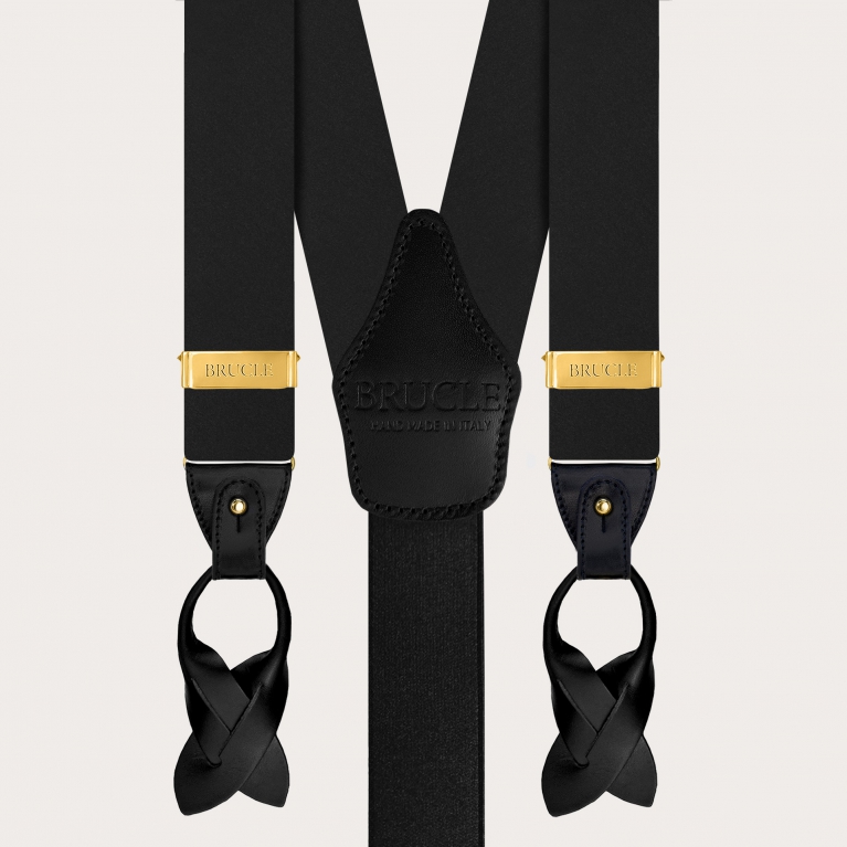 Bretelles noires en satin de soie à double usage, boutons ou clips dorés