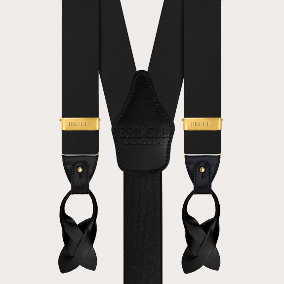 Bretelles noires en satin de soie à double usage, boutons ou clips dorés