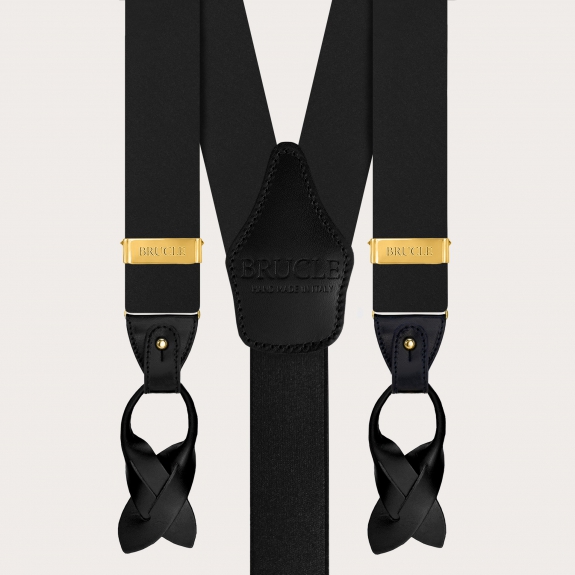Bretelles noires en satin de soie à double usage, boutons ou clips dorés