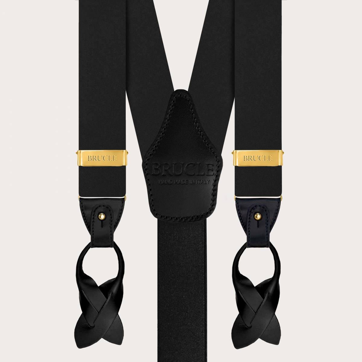 Black silk satin suspenders, dual-use with buttons or gold clips