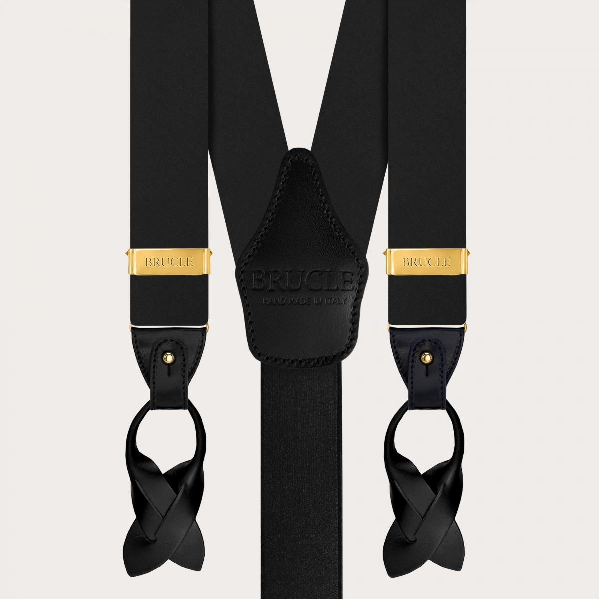 Bretelle nere in raso di seta doppio uso bottoni o clip oro