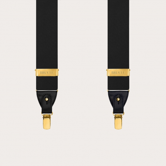 Black silk satin suspenders, dual-use with buttons or gold clips