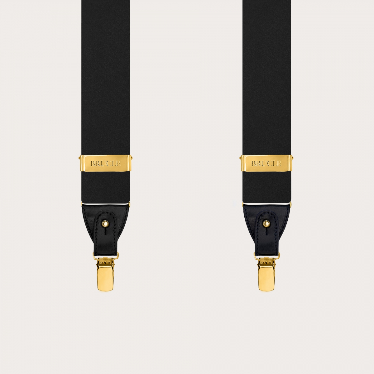 Bretelle nere in raso di seta doppio uso bottoni o clip oro