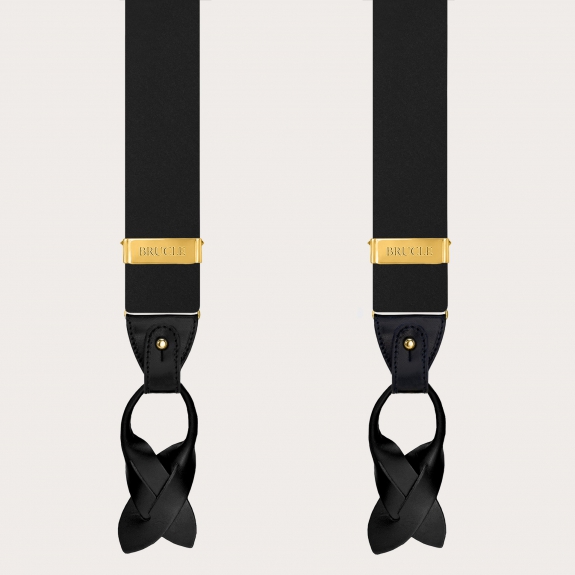 Black silk satin suspenders, dual-use with buttons or gold clips