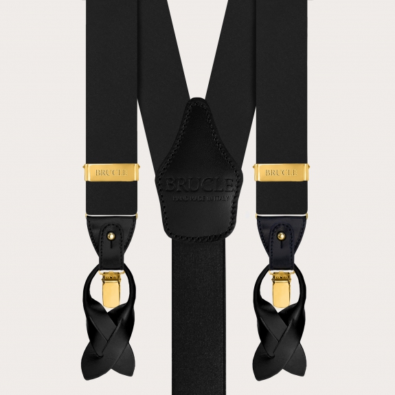 Conjunto con tirantes anchos negros con clips dorados y corbata de tres pliegues en satén de seda brillante