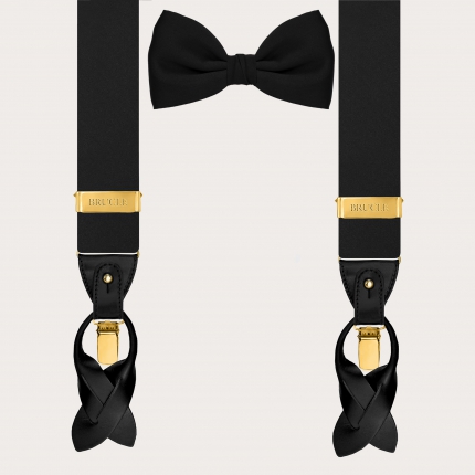 Conjunto de satén de seda negro brillante con pajarita y tirantes con clips dorados