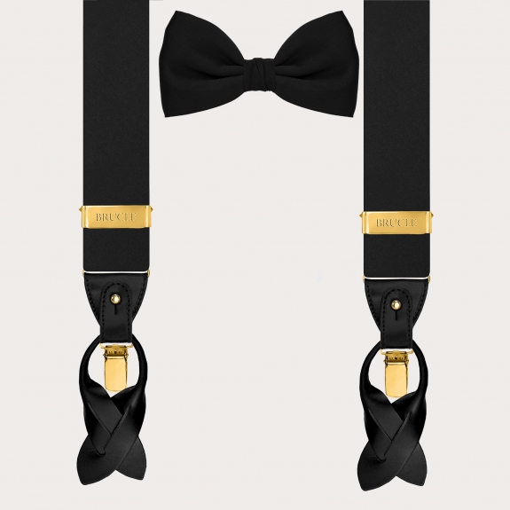 Coordinated set consisting of gold suspenders and black silk bow tie
