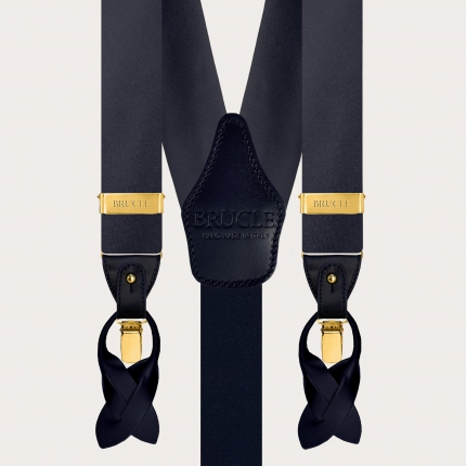 Navy blue double-use satin silk suspenders with gold buttons or clips