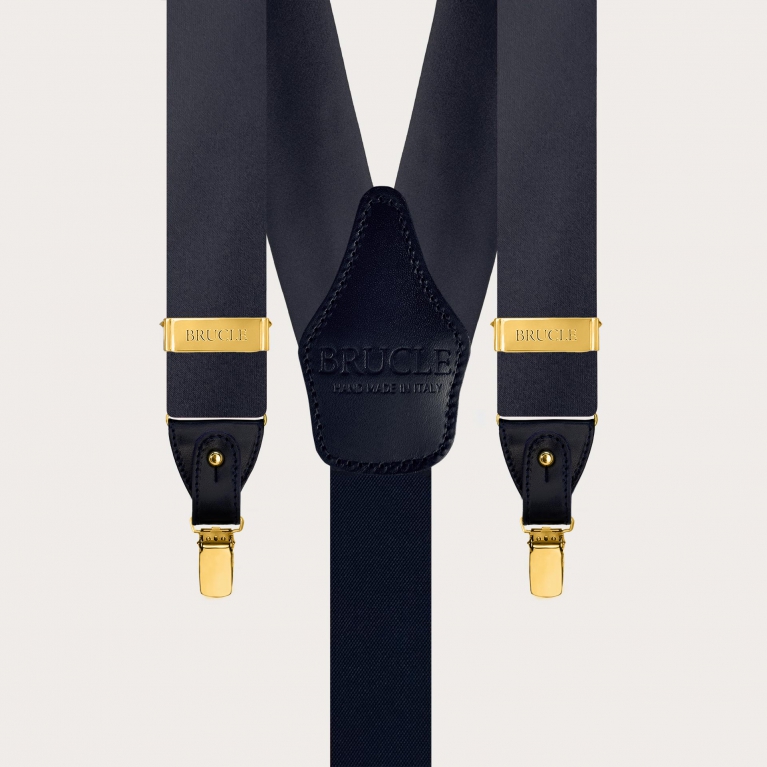 Bretelle blu navy in raso di seta doppio uso bottoni o clip oro