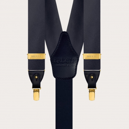 Navy blue double-use satin silk suspenders with gold buttons or clips