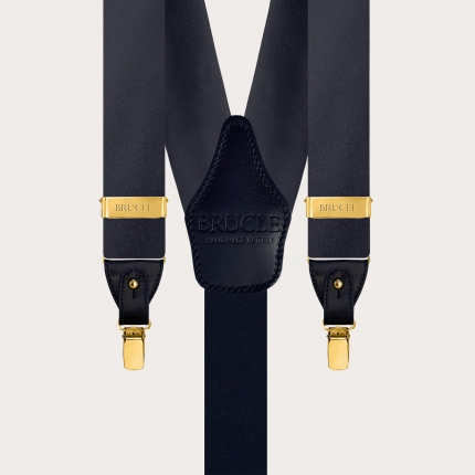 Bretelle blu navy in raso di seta doppio uso bottoni o clip oro